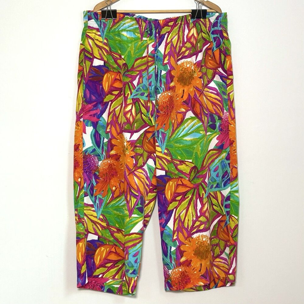 Lauren Ralph Lauren 2X Tropical Floral Crop Pants Pull On Elastic Waist Resort
